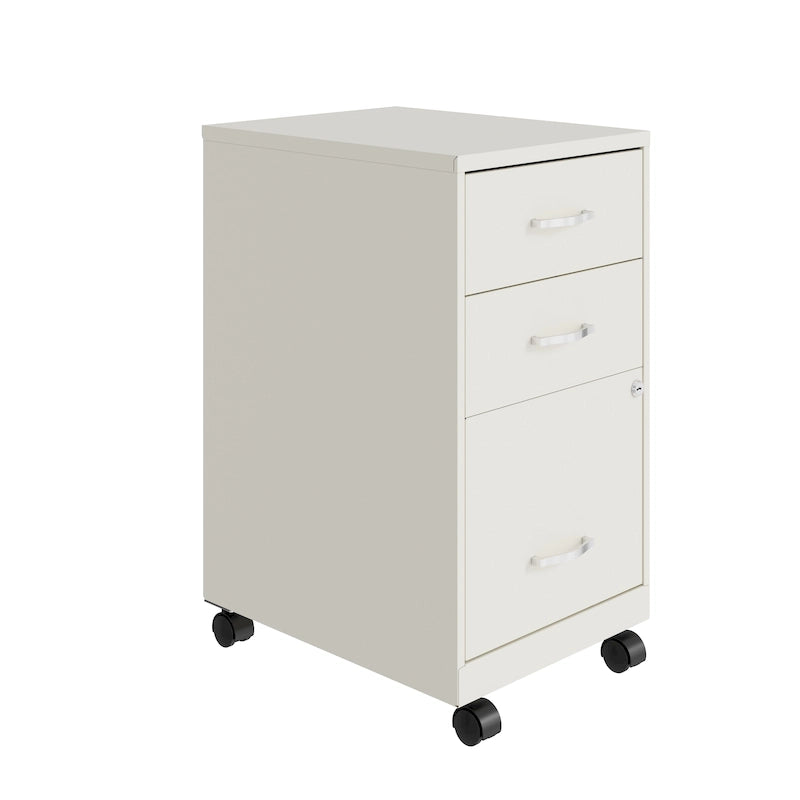 3-Drawer Mobile File Cabinet 18"D - Pearl White Metal with Wheels, Lock & Ball Bearing Slides for Home Office, Fully Assembled