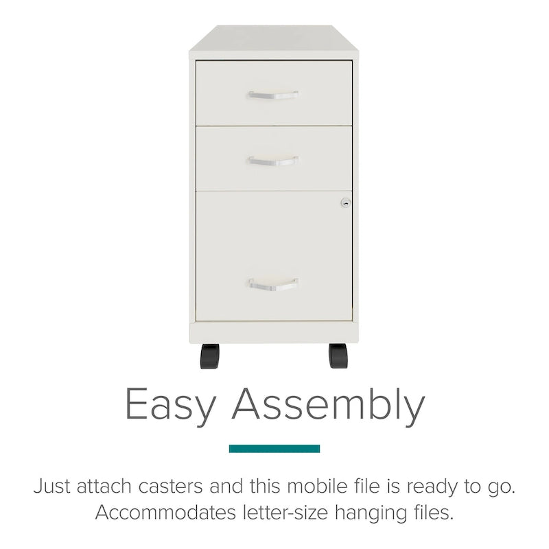 3-Drawer Mobile File Cabinet 18"D - Pearl White Metal with Wheels, Lock & Ball Bearing Slides for Home Office, Fully Assembled