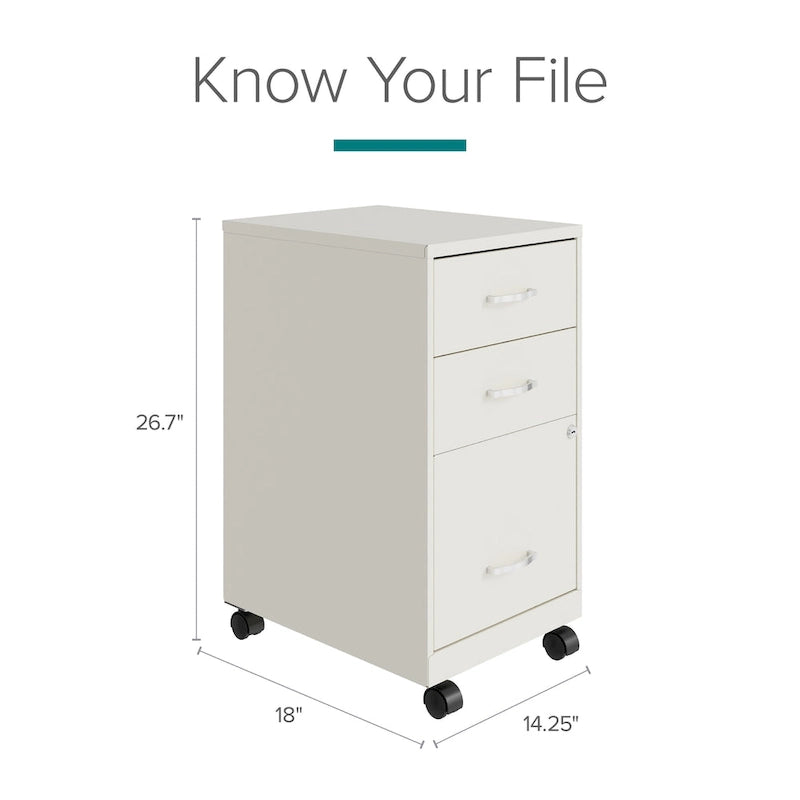3-Drawer Mobile File Cabinet 18"D - Pearl White Metal with Wheels, Lock & Ball Bearing Slides for Home Office, Fully Assembled