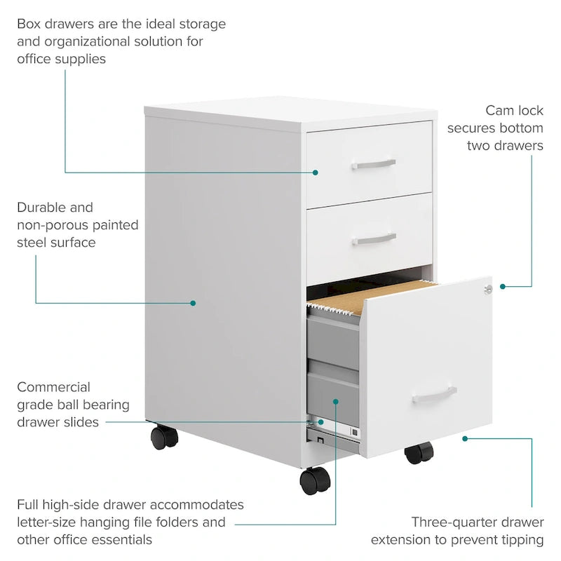 3-Drawer Mobile File Cabinet 18"D - Pearl White Metal with Wheels, Lock & Ball Bearing Slides for Home Office, Fully Assembled