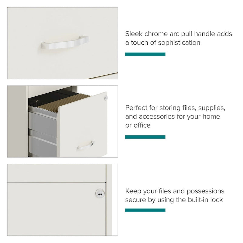 3-Drawer Mobile File Cabinet 18"D - Pearl White Metal with Wheels, Lock & Ball Bearing Slides for Home Office, Fully Assembled