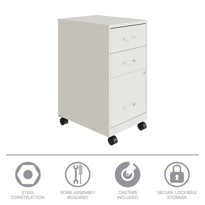 3-Drawer Mobile File Cabinet 18"D - Pearl White Metal with Wheels, Lock & Ball Bearing Slides for Home Office, Fully Assembled