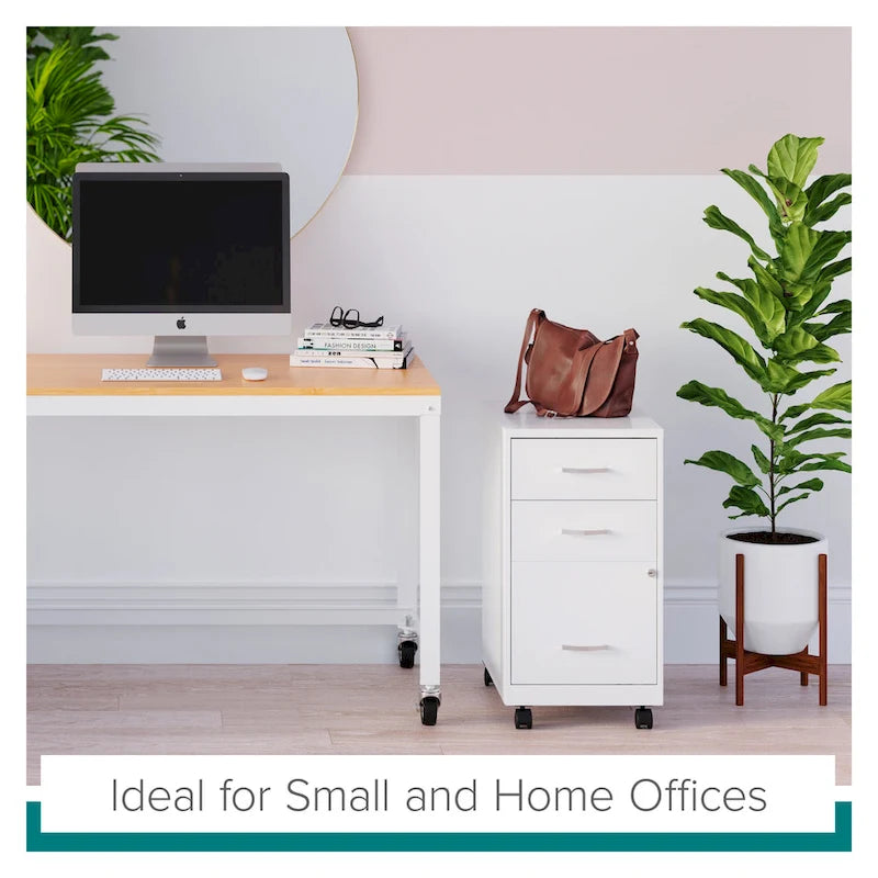 3-Drawer Mobile File Cabinet 18"D - Pearl White Metal with Wheels, Lock & Ball Bearing Slides for Home Office, Fully Assembled