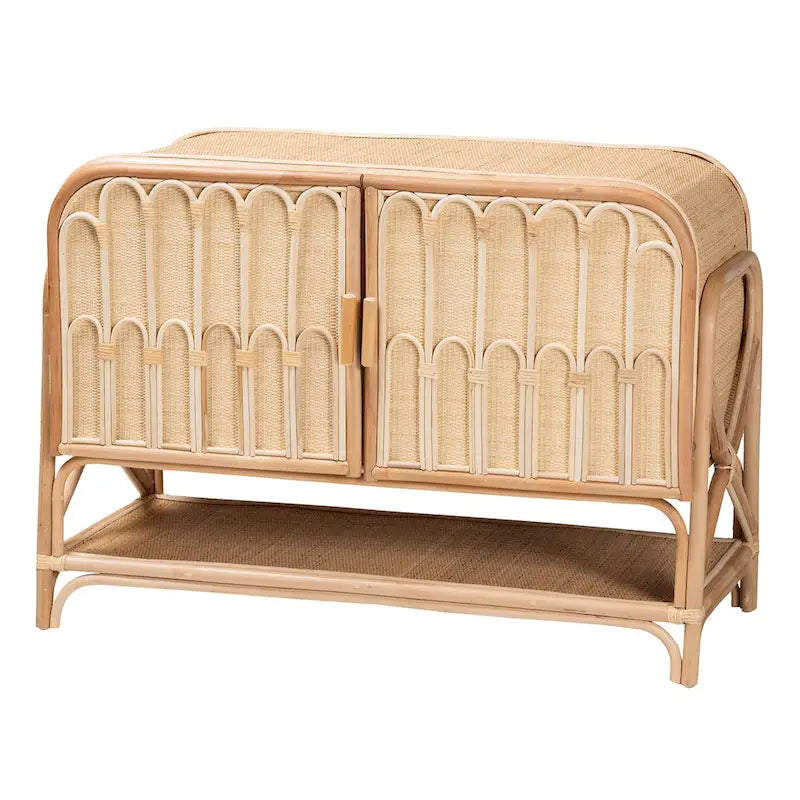 45" Natural Rattan 2 Door Storage Cabinet - Bohemian Handcrafted - 4 Interior Shelves 1 Open Shelf - Indonesian Woven Sideboard