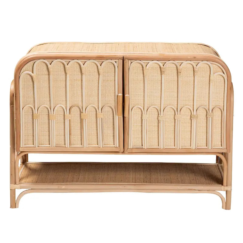 45" Natural Rattan 2 Door Storage Cabinet - Bohemian Handcrafted - 4 Interior Shelves 1 Open Shelf - Indonesian Woven Sideboard