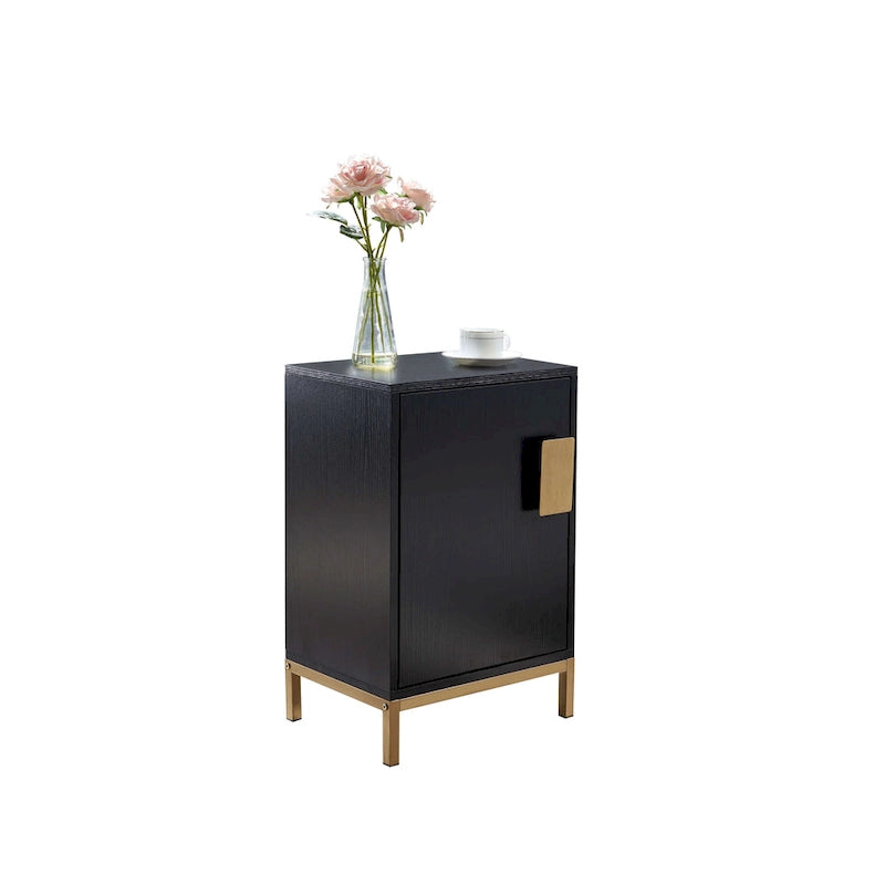 Oak Black Side Cabinet with Gold Metal Legs - 2 Shelves 1 Adjustable - Wood Storage Cabinet - Modern Elegant Accent Furniture