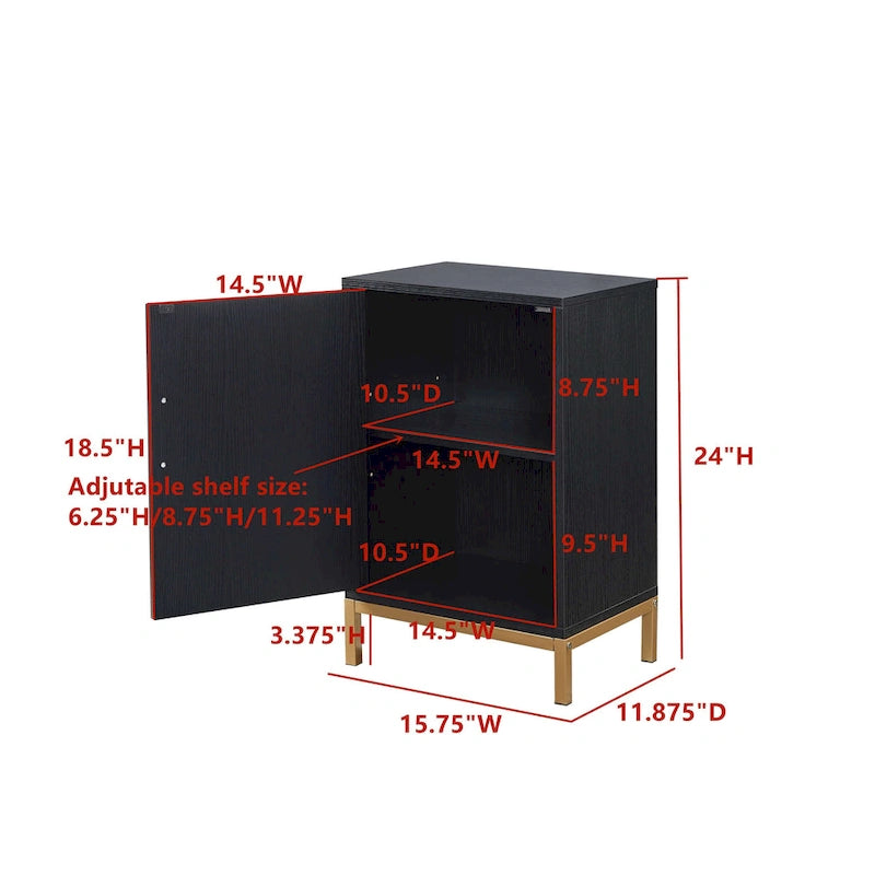 Oak Black Side Cabinet with Gold Metal Legs - 2 Shelves 1 Adjustable - Wood Storage Cabinet - Modern Elegant Accent Furniture