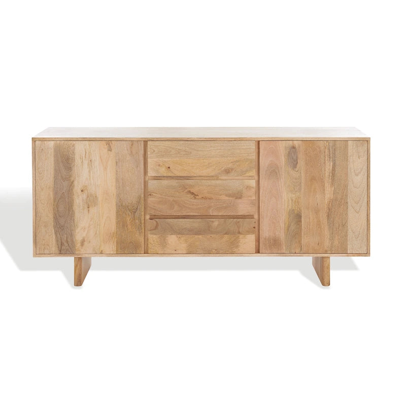 Natural Mango Wood Sideboard 3 Drawers 2 Cabinets 63"W x 18"D x 29"H Buffet Media Unit Storage