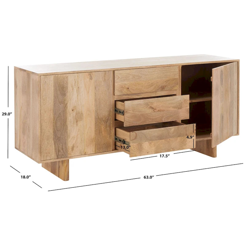 Natural Mango Wood Sideboard 3 Drawers 2 Cabinets 63"W x 18"D x 29"H Buffet Media Unit Storage