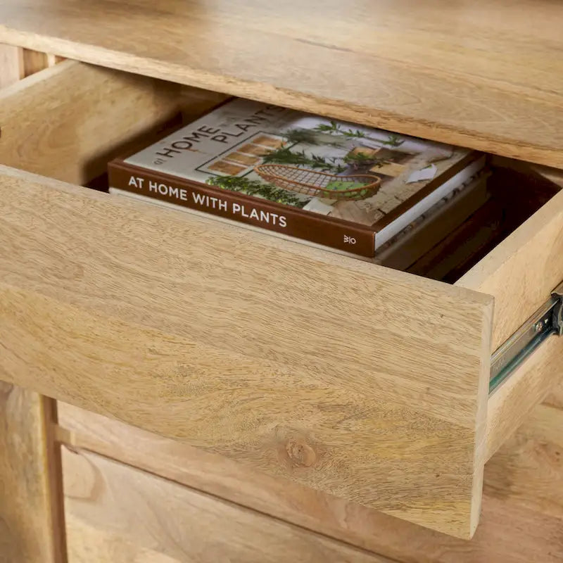 Natural Mango Wood Sideboard 3 Drawers 2 Cabinets 63"W x 18"D x 29"H Buffet Media Unit Storage