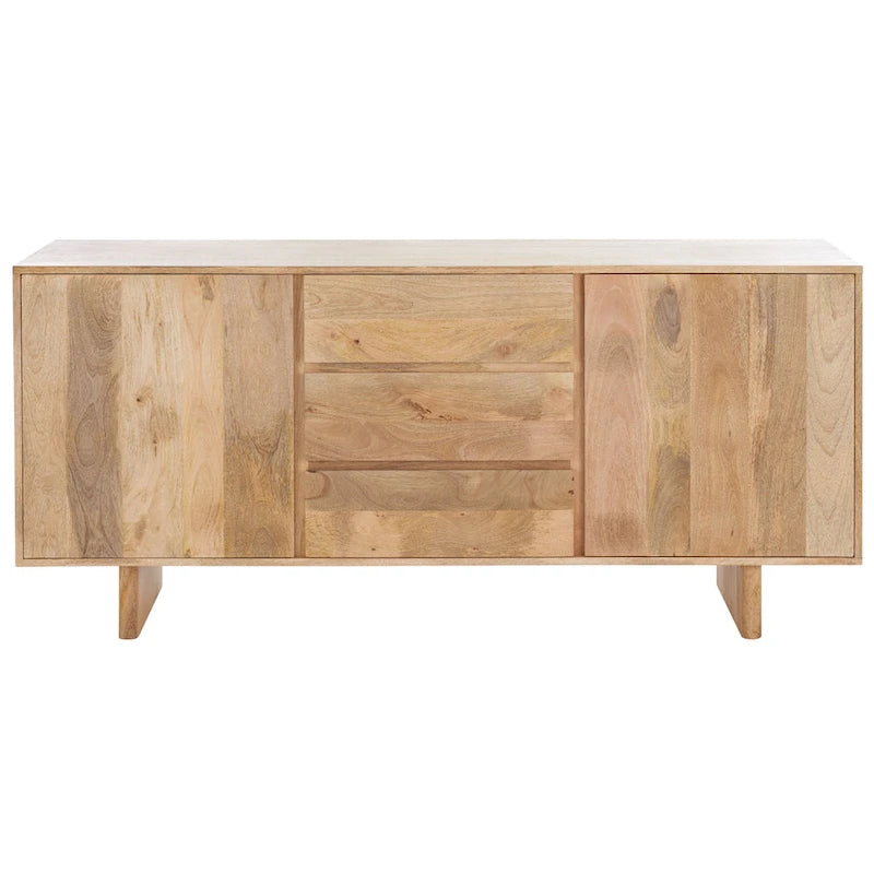 Natural Mango Wood Sideboard 3 Drawers 2 Cabinets 63"W x 18"D x 29"H Buffet Media Unit Storage