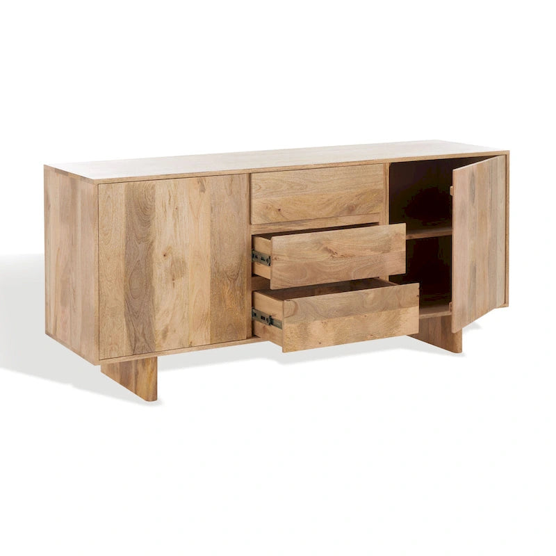 Natural Mango Wood Sideboard 3 Drawers 2 Cabinets 63"W x 18"D x 29"H Buffet Media Unit Storage