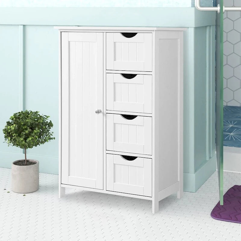 White Bathroom Storage Cabinet - 4 Drawers, 1 Cupboard, Adjustable Shelf, Anti-Tip Kit, P2 Grade Fiberboard