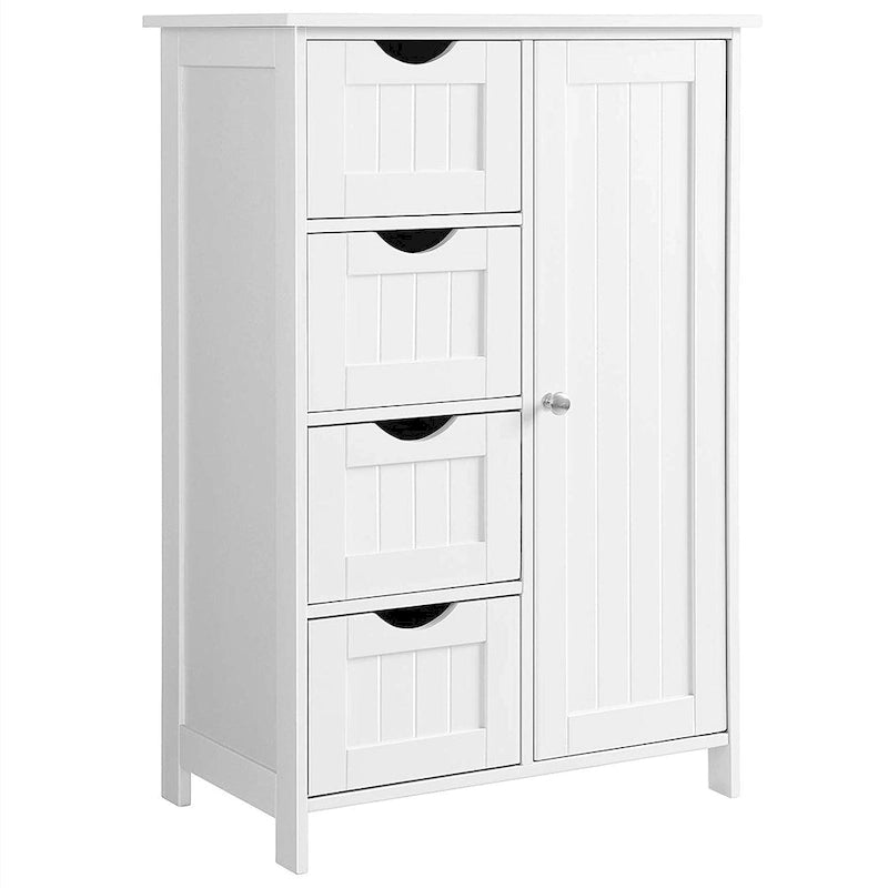 White Bathroom Storage Cabinet - 4 Drawers, 1 Cupboard, Adjustable Shelf, Anti-Tip Kit, P2 Grade Fiberboard