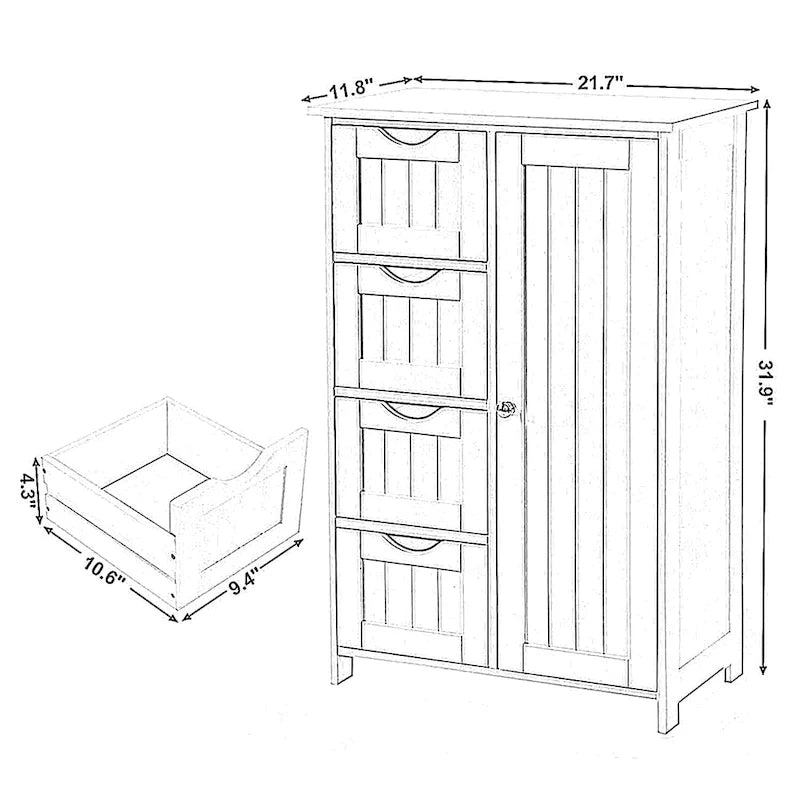 White Bathroom Storage Cabinet - 4 Drawers, 1 Cupboard, Adjustable Shelf, Anti-Tip Kit, P2 Grade Fiberboard