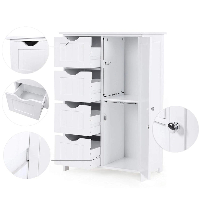 White Bathroom Storage Cabinet - 4 Drawers, 1 Cupboard, Adjustable Shelf, Anti-Tip Kit, P2 Grade Fiberboard