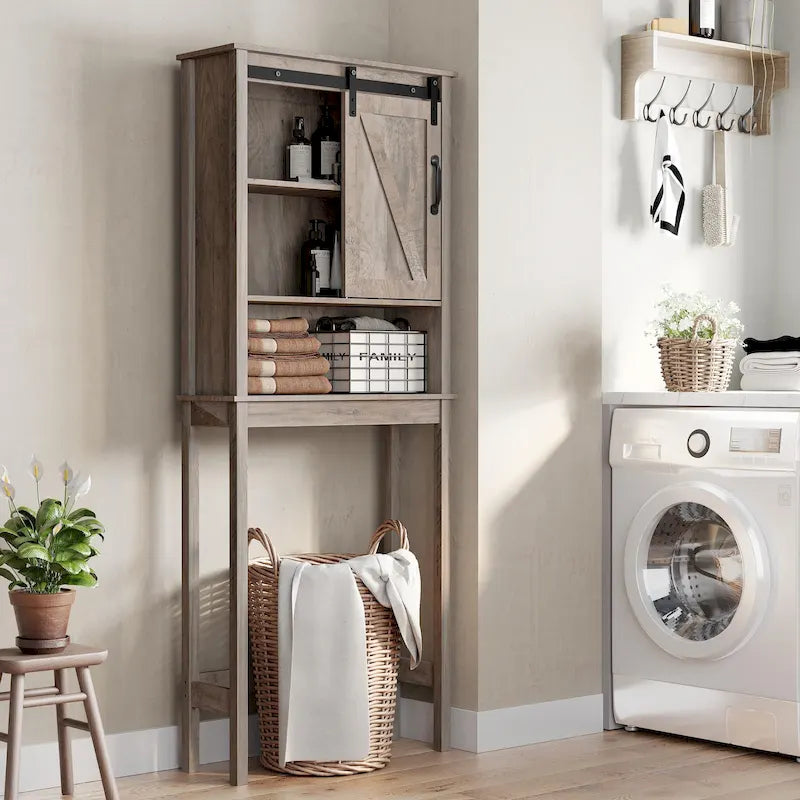Over-the-Toilet Storage Cabinet 27"W x 66"H - Bathroom Space Saver with Sliding Barn Door, Adjustable Shelf & Open Shelves