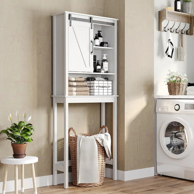 Over-the-Toilet Storage Cabinet 27"W x 66"H - Bathroom Space Saver with Sliding Barn Door, Adjustable Shelf & Open Shelves