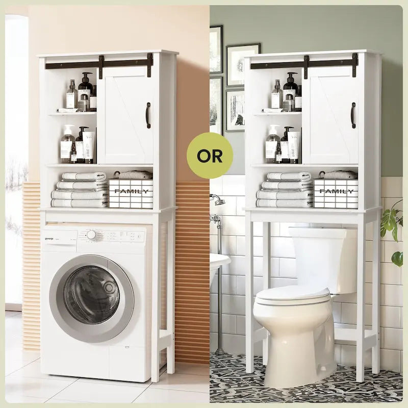 Over-the-Toilet Storage Cabinet 27"W x 66"H - Bathroom Space Saver with Sliding Barn Door, Adjustable Shelf & Open Shelves