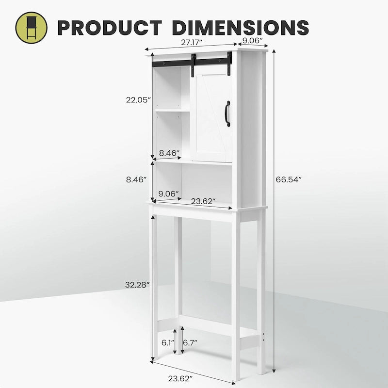 Over-the-Toilet Storage Cabinet 27"W x 66"H - Bathroom Space Saver with Sliding Barn Door, Adjustable Shelf & Open Shelves