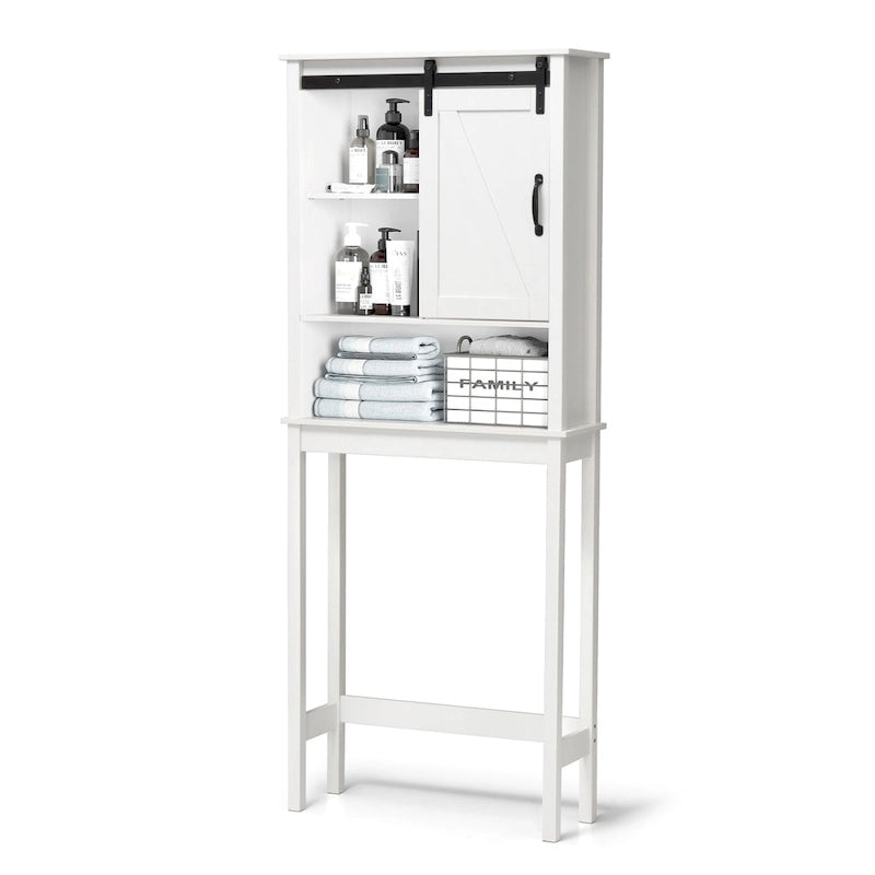 Over-the-Toilet Storage Cabinet 27"W x 66"H - Bathroom Space Saver with Sliding Barn Door, Adjustable Shelf & Open Shelves