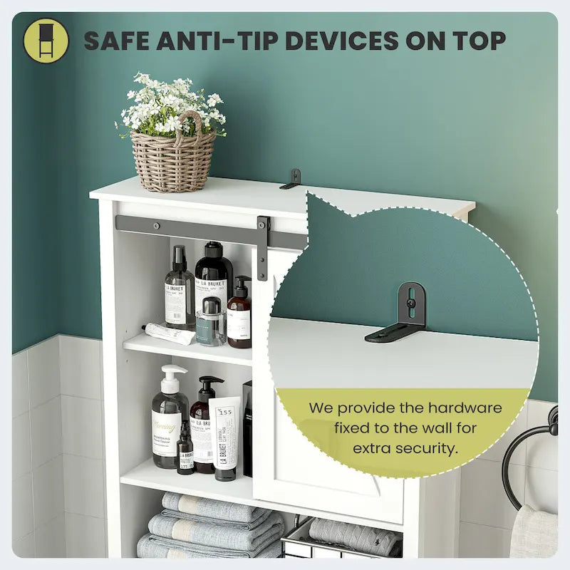 Over-the-Toilet Storage Cabinet 27"W x 66"H - Bathroom Space Saver with Sliding Barn Door, Adjustable Shelf & Open Shelves