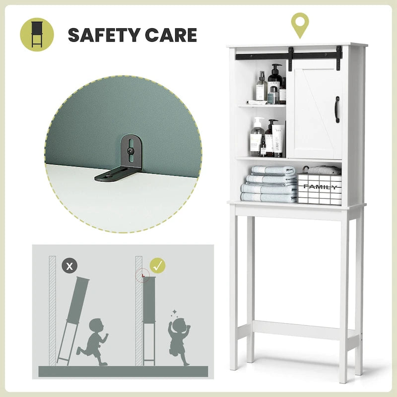 Over-the-Toilet Storage Cabinet 27"W x 66"H - Bathroom Space Saver with Sliding Barn Door, Adjustable Shelf & Open Shelves