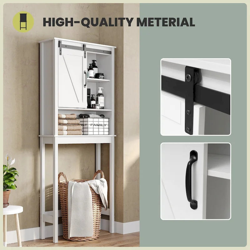 Over-the-Toilet Storage Cabinet 27"W x 66"H - Bathroom Space Saver with Sliding Barn Door, Adjustable Shelf & Open Shelves