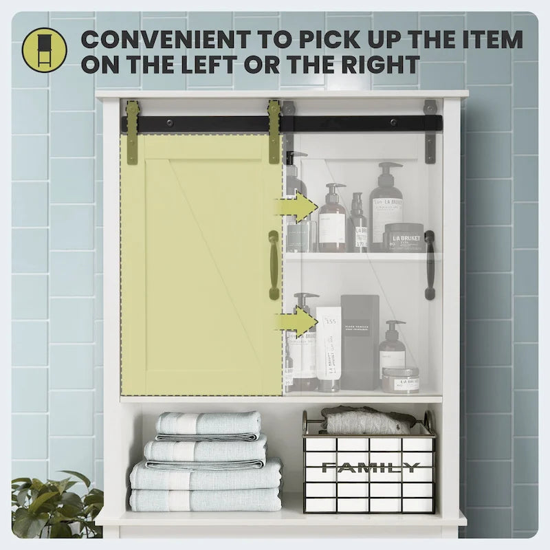 Over-the-Toilet Storage Cabinet 27"W x 66"H - Bathroom Space Saver with Sliding Barn Door, Adjustable Shelf & Open Shelves