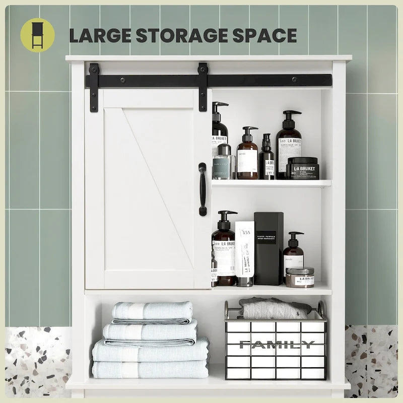 Over-the-Toilet Storage Cabinet 27"W x 66"H - Bathroom Space Saver with Sliding Barn Door, Adjustable Shelf & Open Shelves