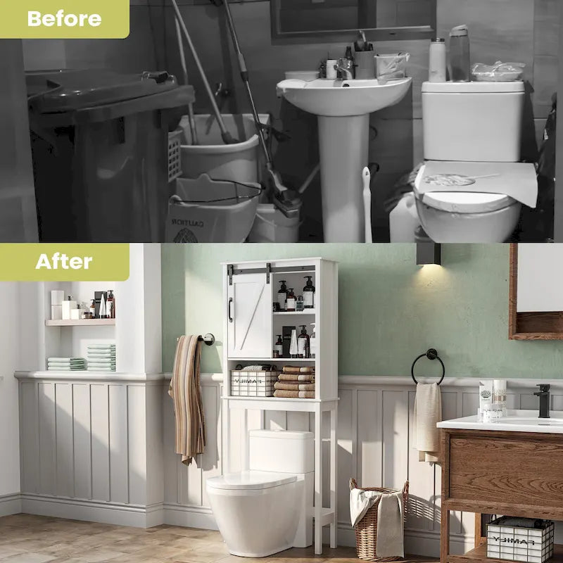 Over-the-Toilet Storage Cabinet 27"W x 66"H - Bathroom Space Saver with Sliding Barn Door, Adjustable Shelf & Open Shelves