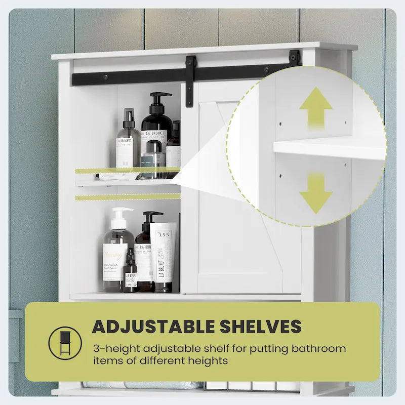 Over-the-Toilet Storage Cabinet 27"W x 66"H - Bathroom Space Saver with Sliding Barn Door, Adjustable Shelf & Open Shelves