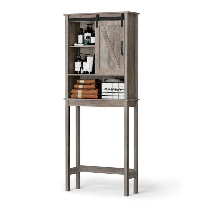 Over-the-Toilet Storage Cabinet 27"W x 66"H - Bathroom Space Saver with Sliding Barn Door, Adjustable Shelf & Open Shelves