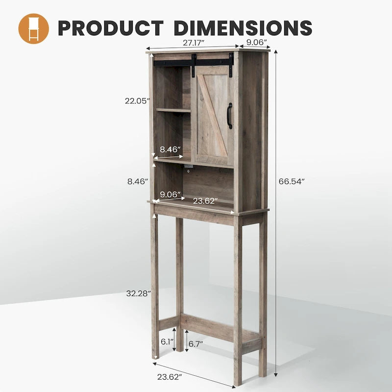 Over-the-Toilet Storage Cabinet 27"W x 66"H - Bathroom Space Saver with Sliding Barn Door, Adjustable Shelf & Open Shelves