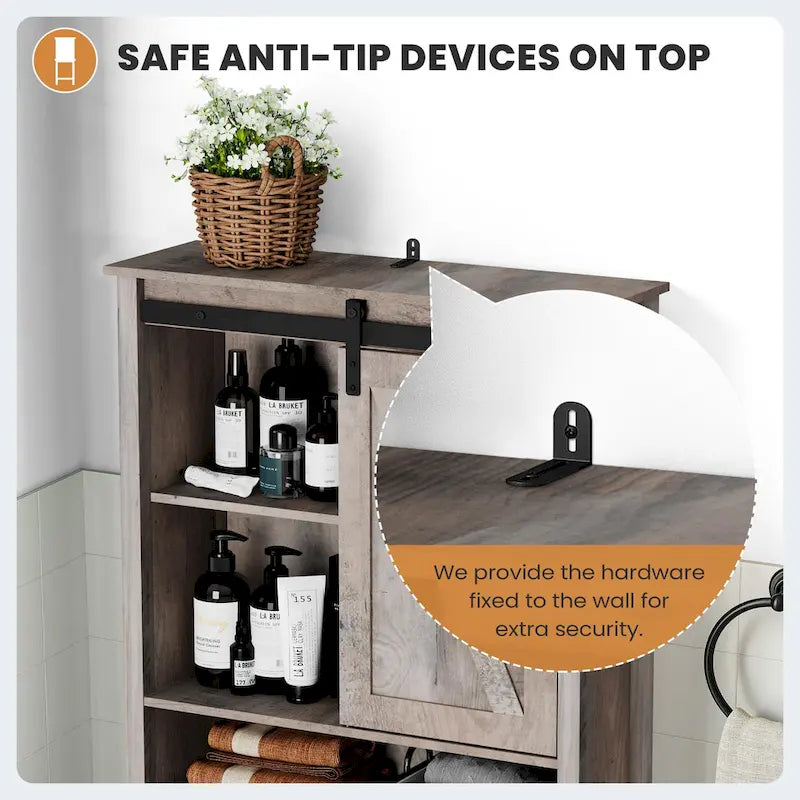 Over-the-Toilet Storage Cabinet 27"W x 66"H - Bathroom Space Saver with Sliding Barn Door, Adjustable Shelf & Open Shelves