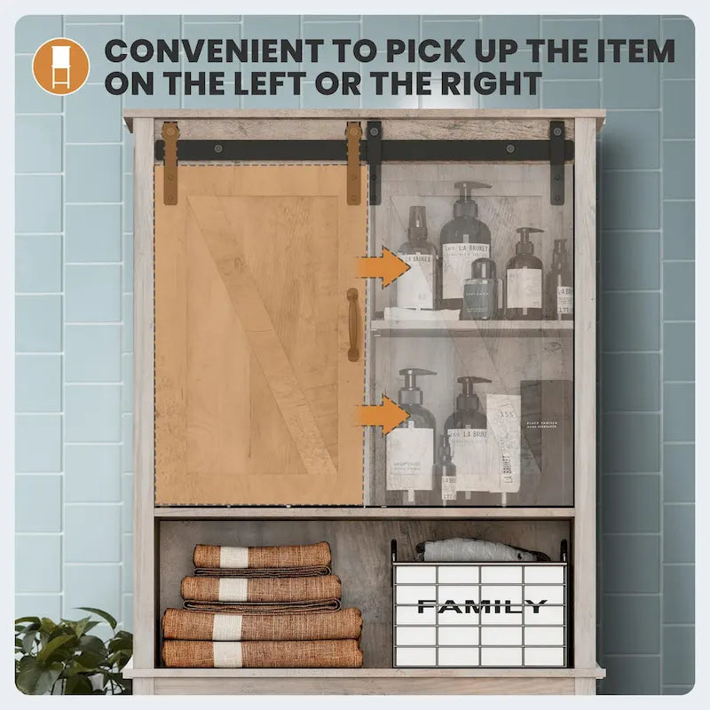 Over-the-Toilet Storage Cabinet 27"W x 66"H - Bathroom Space Saver with Sliding Barn Door, Adjustable Shelf & Open Shelves