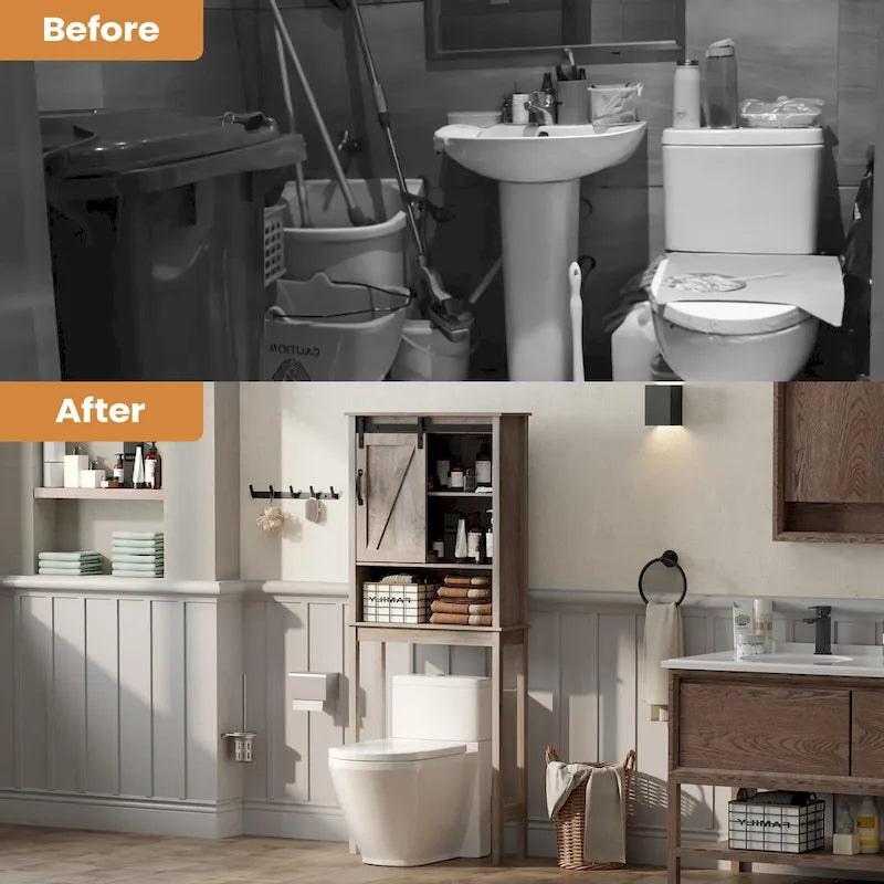 Over-the-Toilet Storage Cabinet 27"W x 66"H - Bathroom Space Saver with Sliding Barn Door, Adjustable Shelf & Open Shelves