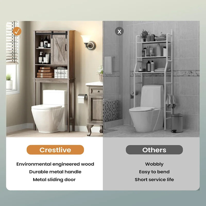 Over-the-Toilet Storage Cabinet 27"W x 66"H - Bathroom Space Saver with Sliding Barn Door, Adjustable Shelf & Open Shelves