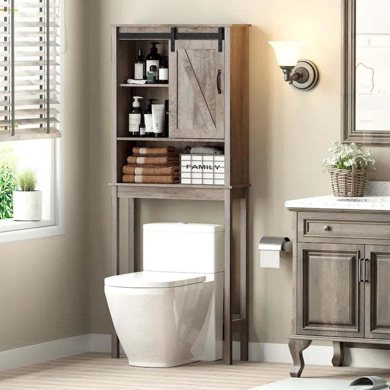Over-the-Toilet Storage Cabinet 27"W x 66"H - Bathroom Space Saver with Sliding Barn Door, Adjustable Shelf & Open Shelves