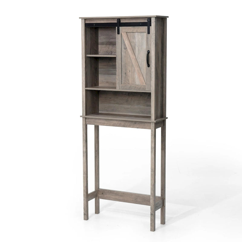 Over-the-Toilet Storage Cabinet 27"W x 66"H - Bathroom Space Saver with Sliding Barn Door, Adjustable Shelf & Open Shelves