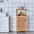 Bamboo Storage Cabinet 34"H - Louvered Door, 2-Tier Shelves, Slim Design for Bathroom Kitchen Entryway