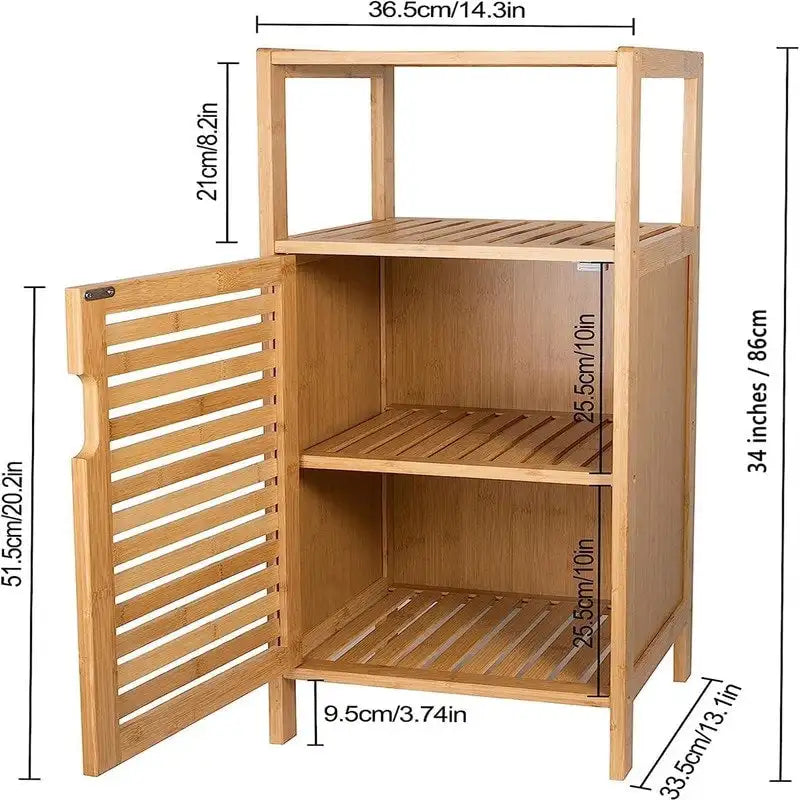 Bamboo Storage Cabinet 34"H - Louvered Door, 2-Tier Shelves, Slim Design for Bathroom Kitchen Entryway