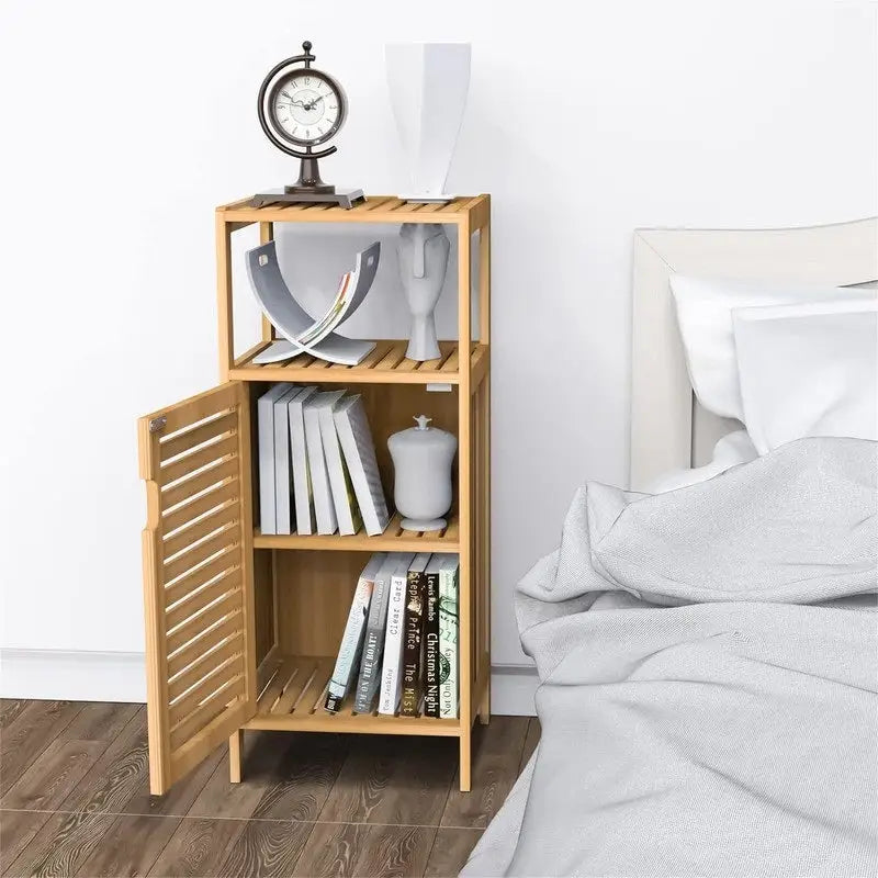 Bamboo Storage Cabinet 34"H - Louvered Door, 2-Tier Shelves, Slim Design for Bathroom Kitchen Entryway