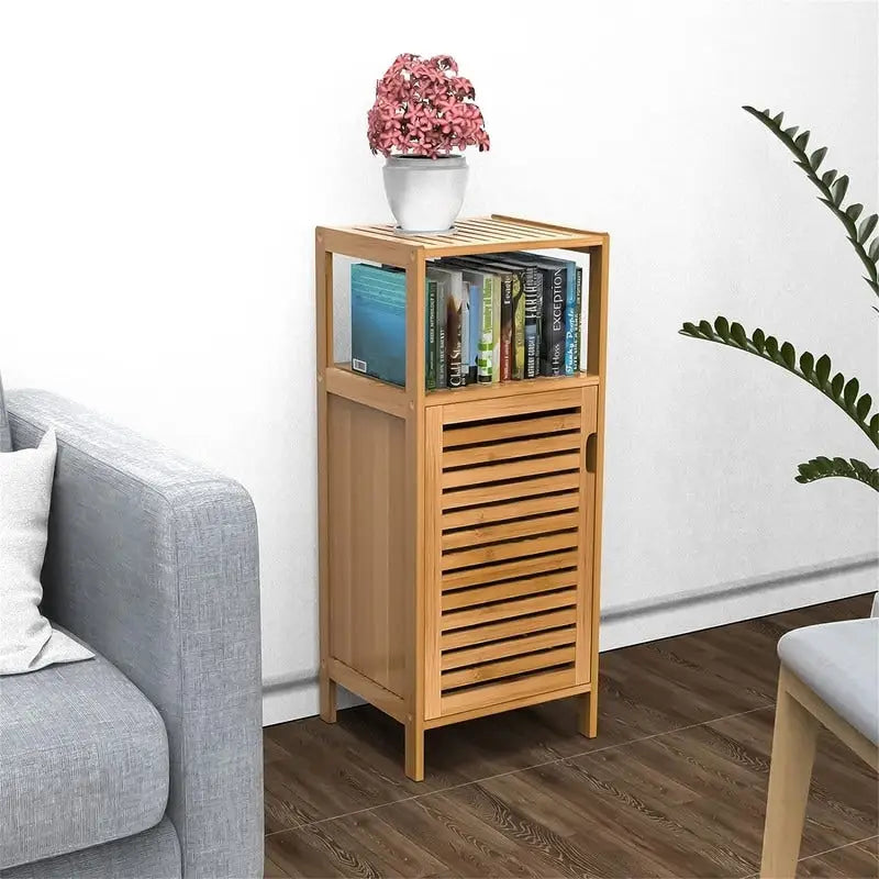 Bamboo Storage Cabinet 34"H - Louvered Door, 2-Tier Shelves, Slim Design for Bathroom Kitchen Entryway
