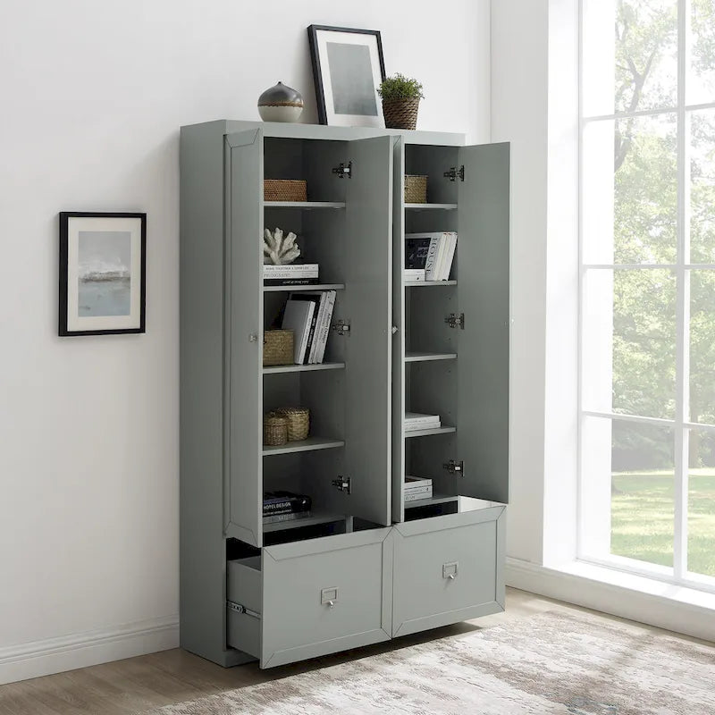 Grey 2-Piece Entryway Storage Set 74"H Adjustable Shelves Drawers Hooks Modular Pantry Closet Cabinet