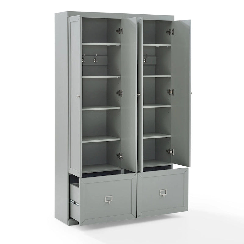 Grey 2-Piece Entryway Storage Set 74"H Adjustable Shelves Drawers Hooks Modular Pantry Closet Cabinet