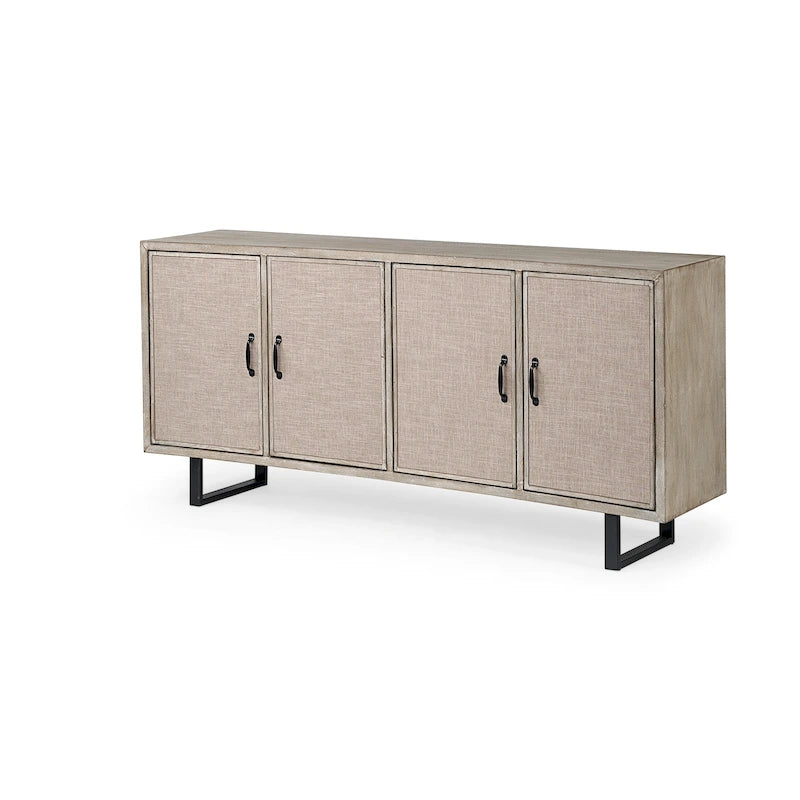 Elegant Fir Wood Sideboard 68"L Curved Front 4 Fabric Doors Iron Frame Pre-Assembled Brown Natural