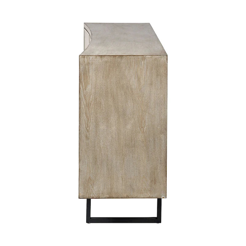 Elegant Fir Wood Sideboard 68"L Curved Front 4 Fabric Doors Iron Frame Pre-Assembled Brown Natural