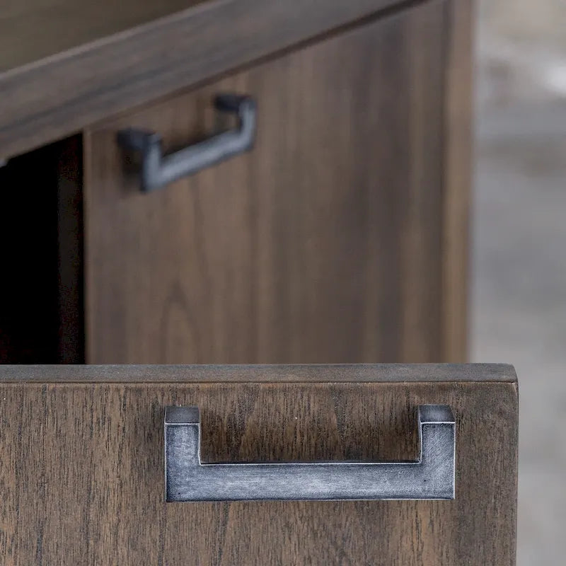 Light Walnut Console Cabinet with Metallic Silver Finish - 36"W x 34.5"H Storage Sideboard with Adjustable Shelves & Aged Steel Base