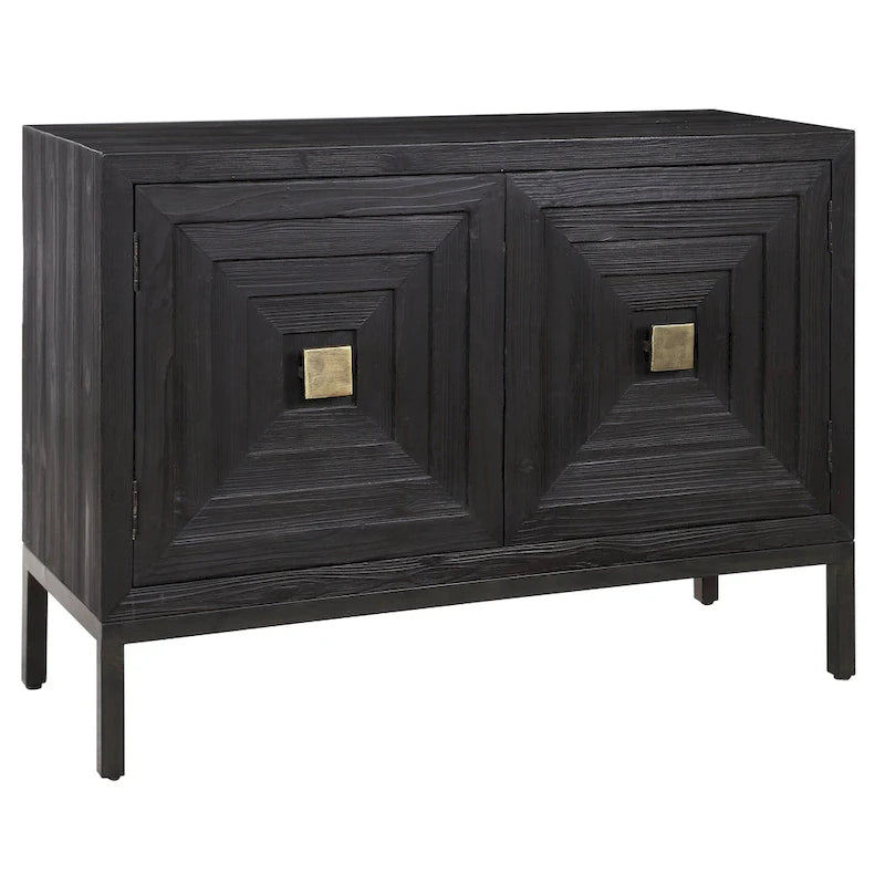 43" Dark Walnut 2 Door Cabinet - Geometric Fir Wood Sideboard - Brushed Brass Hardware - Contemporary Accent Storage - Ebony Stain